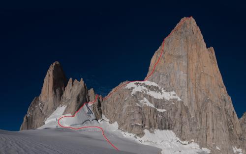 The Franco-Argentian Route on Fitz Roy with some improvised bergschrund traversing